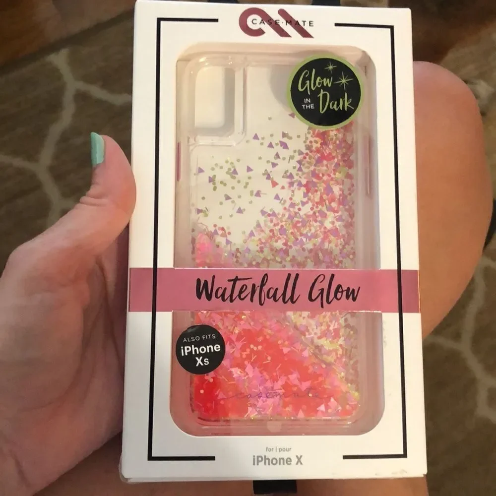 New Case-mate iPhone X/XS Waterfall Glow Glitter Phone Case GLOW IN THE DARK
